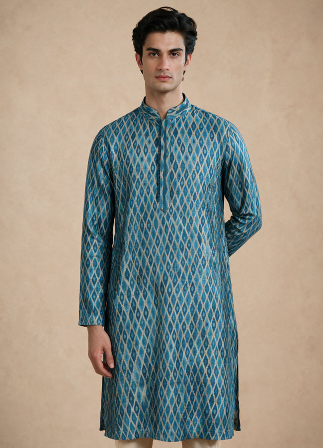 Manyavar Men Teal Blue Silk Kurta Pajama with Print
