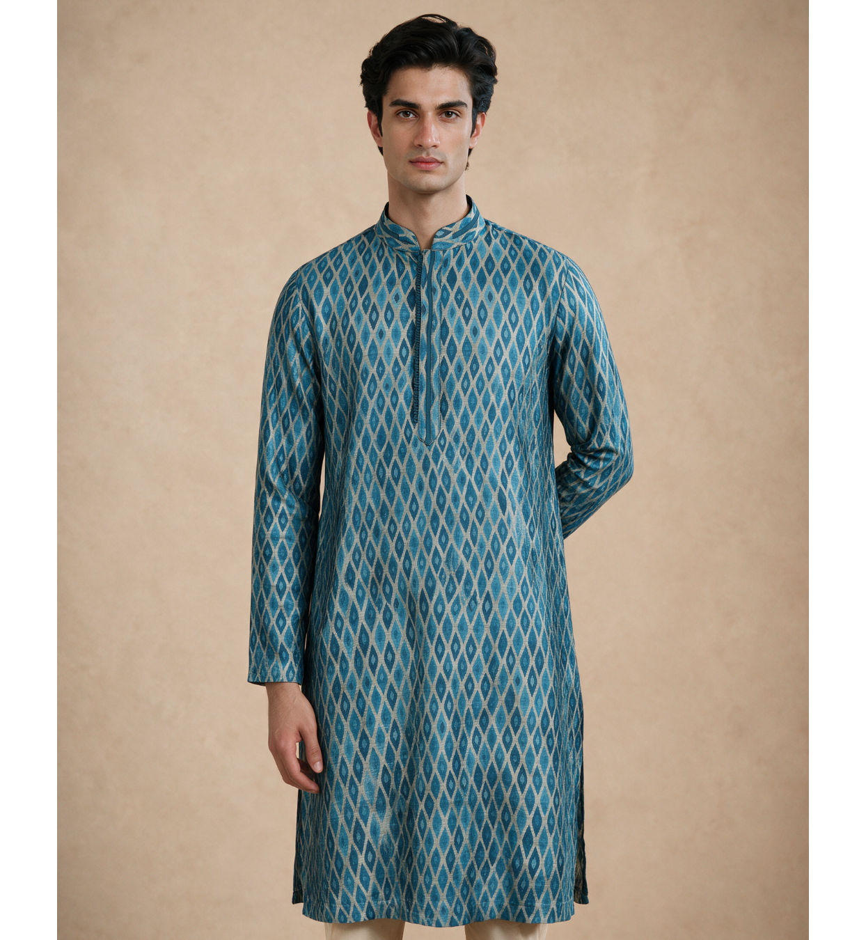 Manyavar Men Teal Blue Silk Kurta Pajama with Print