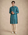 Manyavar Men Teal Blue Silk Kurta Pajama with Print