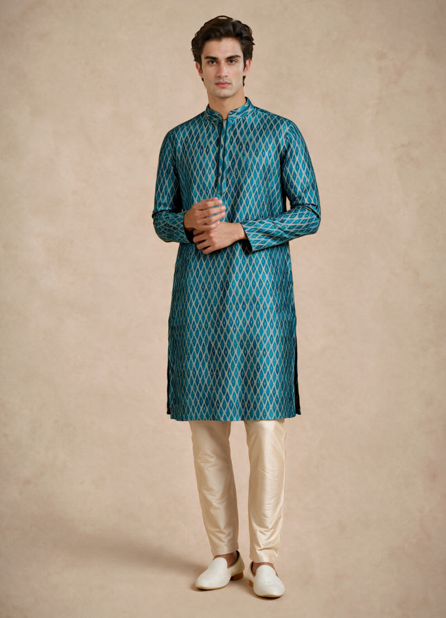 Manyavar Men Teal Blue Silk Kurta Pajama with Print