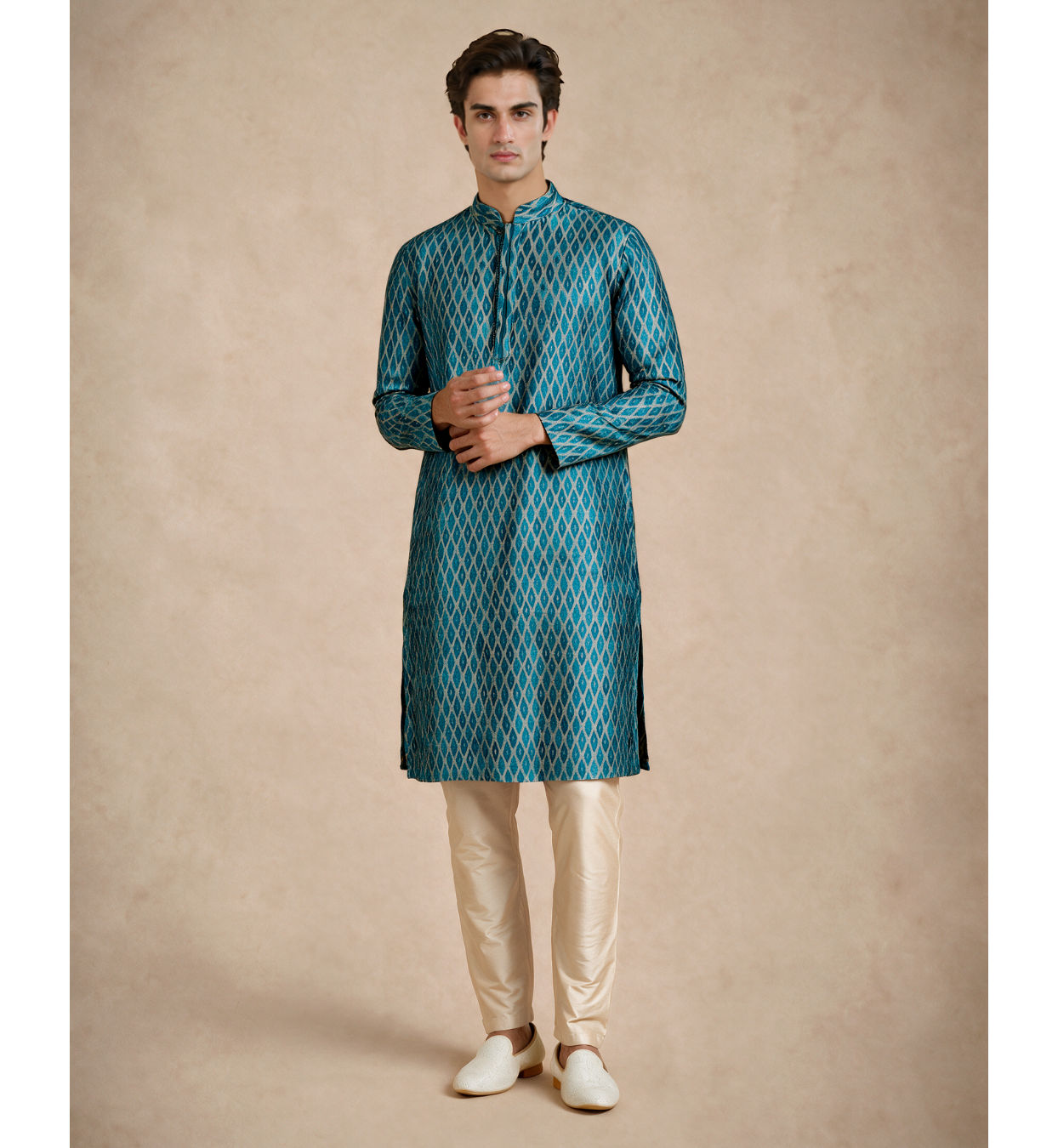 Manyavar Men Teal Blue Silk Kurta Pajama with Print