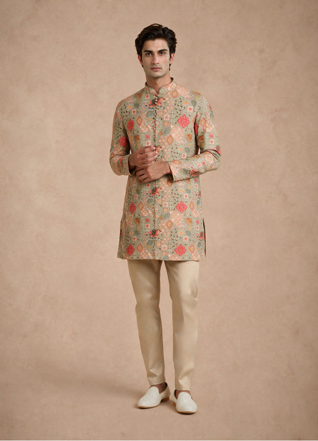 Manyavar Men Green Blended Viscose Kurta Pant with Print