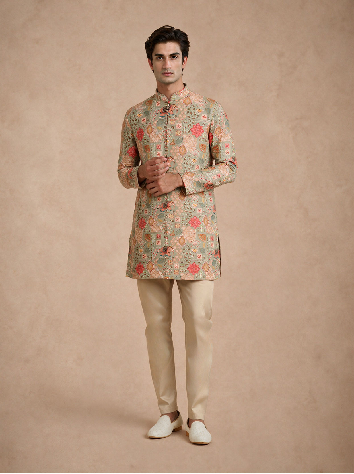 Manyavar Men Green Blended Viscose Kurta Pant with Print