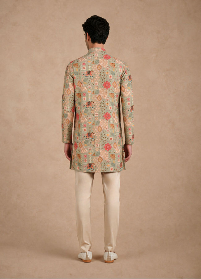 Manyavar Men Green Blended Viscose Kurta Pant with Print