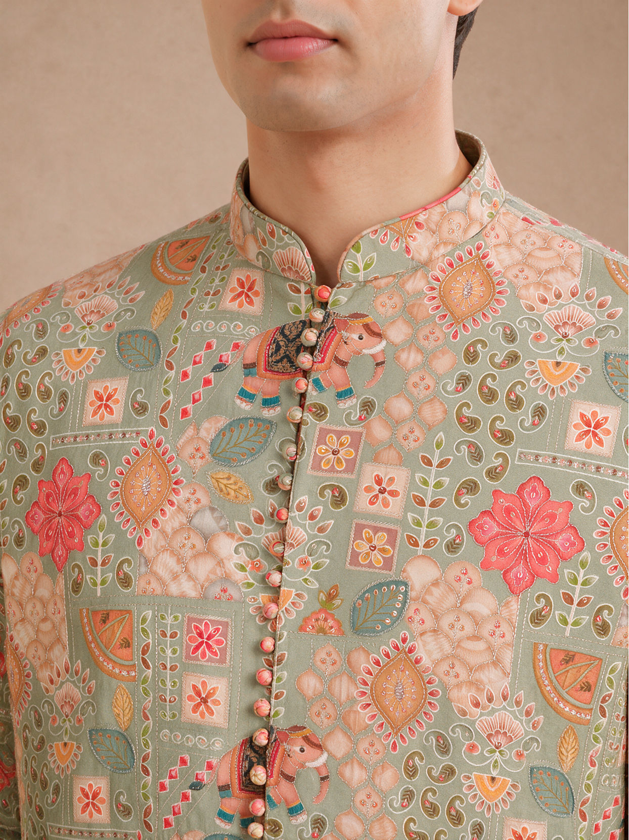 Manyavar Men Green Blended Viscose Kurta Pant with Print