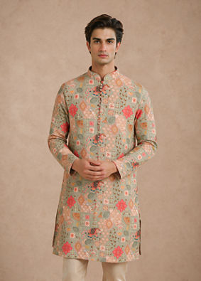 Manyavar Men Green Blended Viscose Kurta Pant with Print