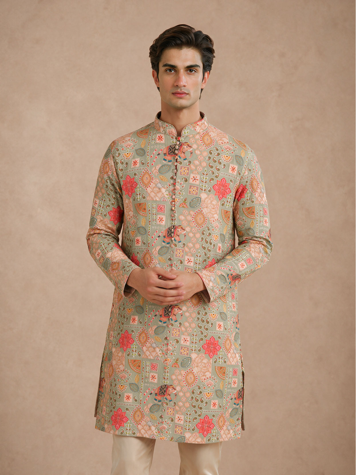 Manyavar Men Green Blended Viscose Kurta Pant with Print