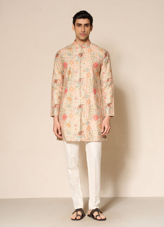 Manyavar Men Green Blended Viscose Kurta Pant with Print