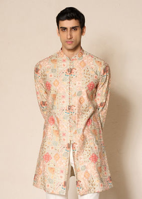 Manyavar Men Green Blended Viscose Kurta Pant with Print