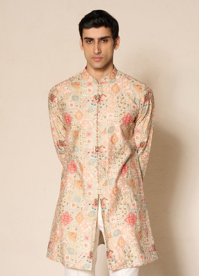 Manyavar Men Green Blended Viscose Kurta Pant with Print