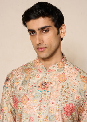 Manyavar Men Green Blended Viscose Kurta Pant with Print