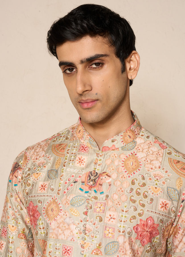 Manyavar Men Green Blended Viscose Kurta Pant with Print