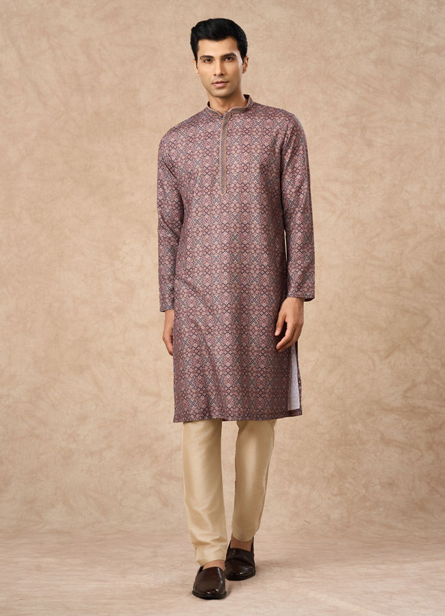Manyavar Men Brown Blended Cotton Kurta Pajama with Print