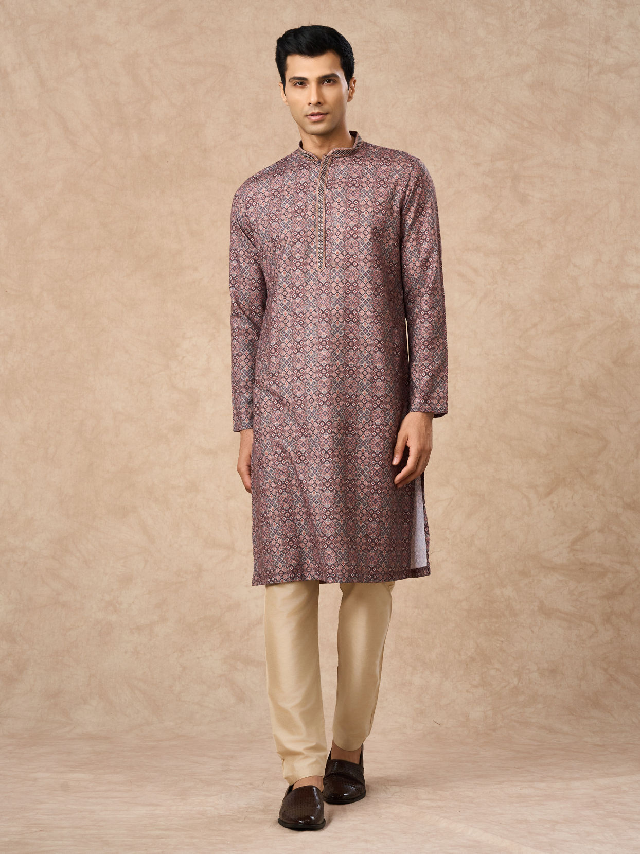 Manyavar Men Brown Blended Cotton Kurta Pajama with Print