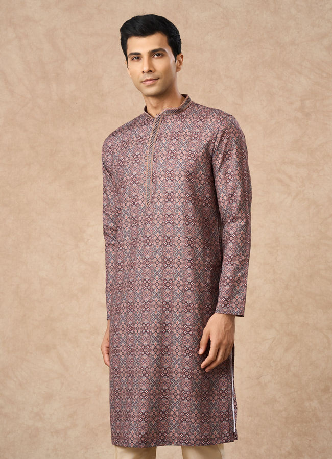 Manyavar Men Brown Blended Cotton Kurta Pajama with Print