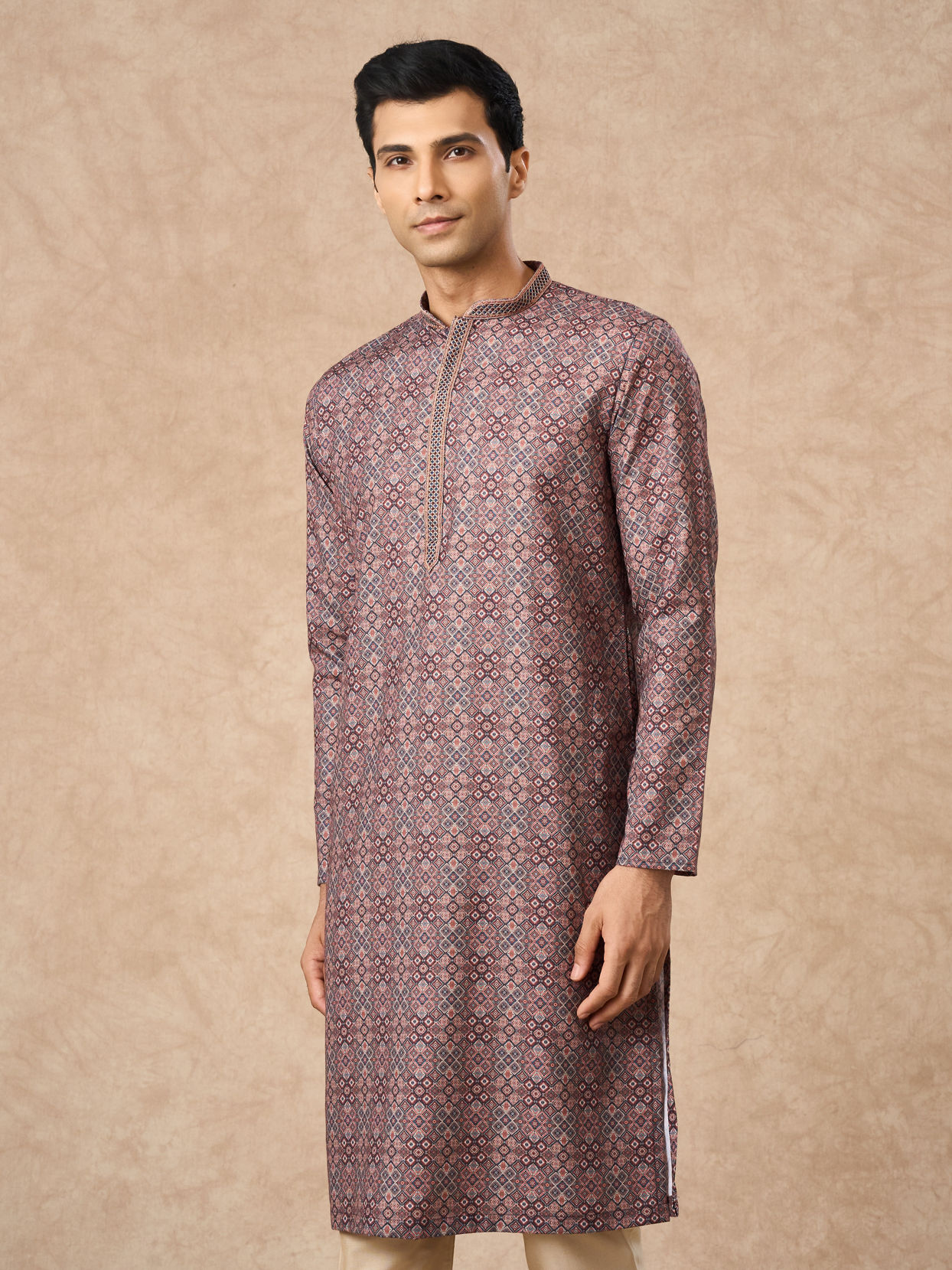 Manyavar Men Brown Blended Cotton Kurta Pajama with Print