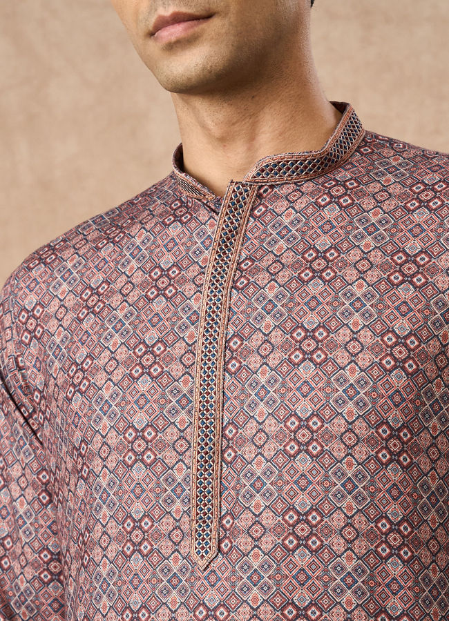 Manyavar Men Brown Blended Cotton Kurta Pajama with Print