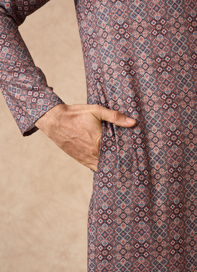 Manyavar Men Brown Blended Cotton Kurta Pajama with Print