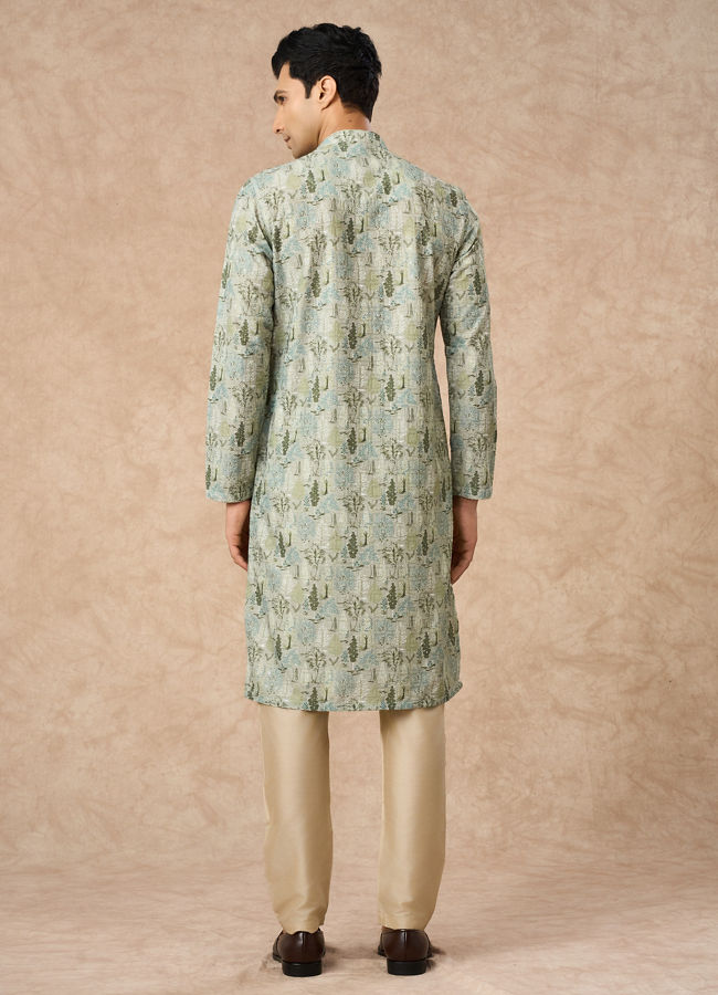 Manyavar Men Light Mid Green Blended Cotton Kurta Pajama with Print