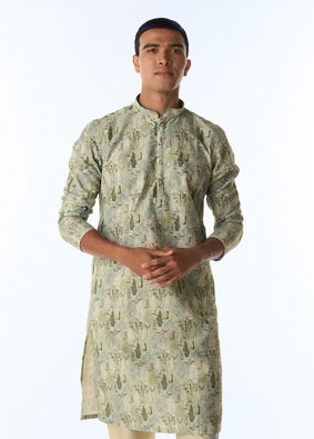 Manyavar Men Light Mid Green Blended Cotton Kurta Pajama with Print