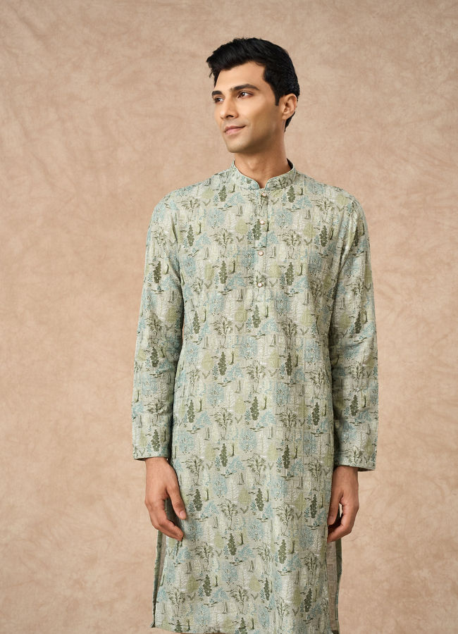 Manyavar Men Light Mid Green Blended Cotton Kurta Pajama with Print