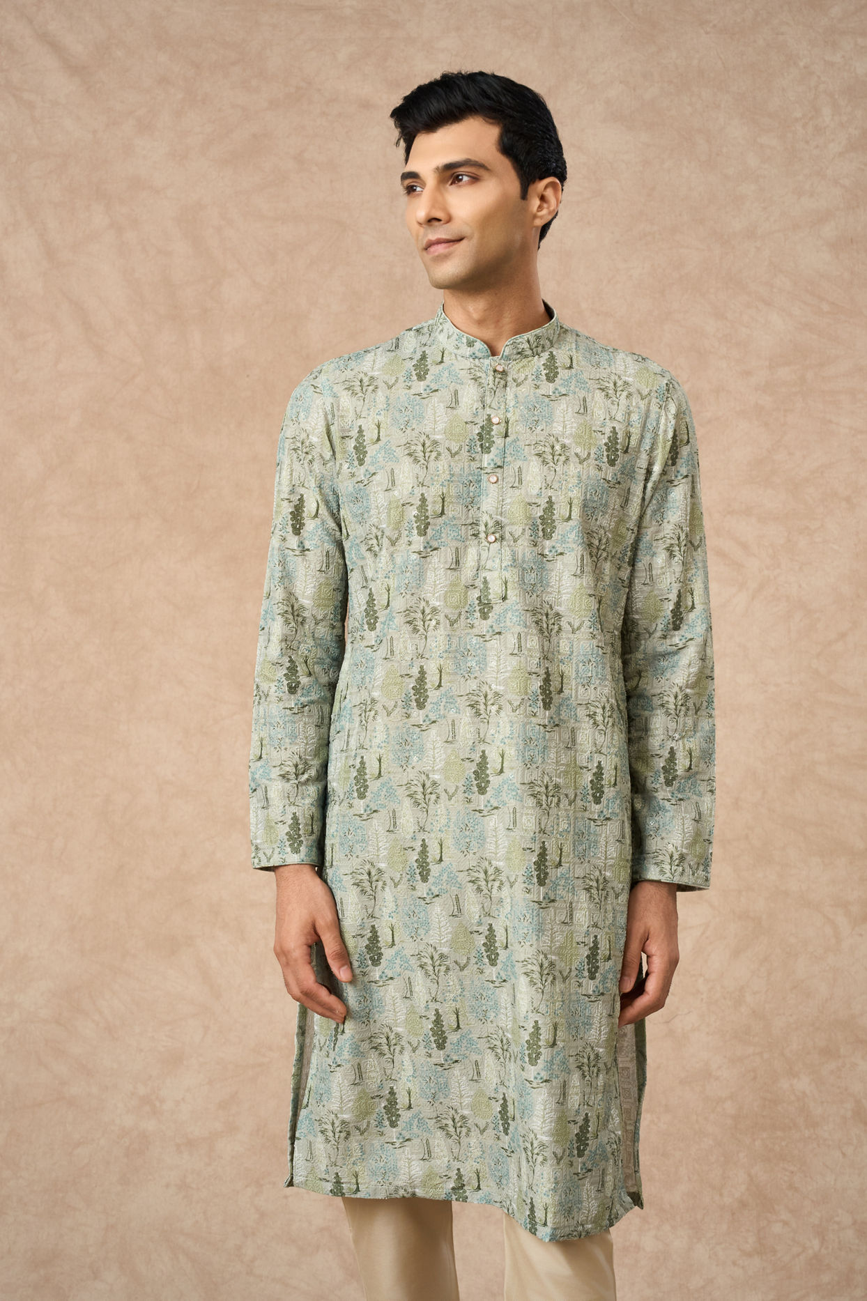 Manyavar Men Light Mid Green Blended Cotton Kurta Pajama with Print