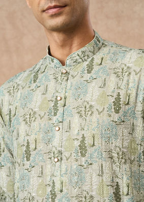Manyavar Men Light Mid Green Blended Cotton Kurta Pajama with Print