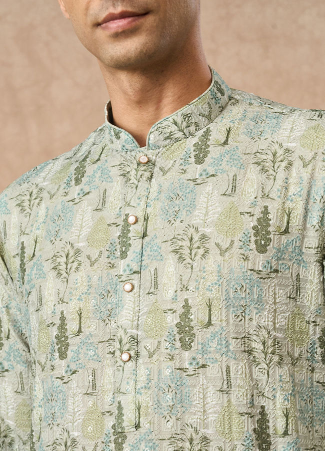 Manyavar Men Light Mid Green Blended Cotton Kurta Pajama with Print
