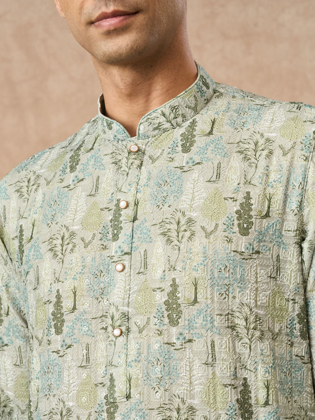 Manyavar Men Light Mid Green Blended Cotton Kurta Pajama with Print
