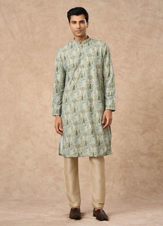 Manyavar Men Light Mid Green Blended Cotton Kurta Pajama with Print