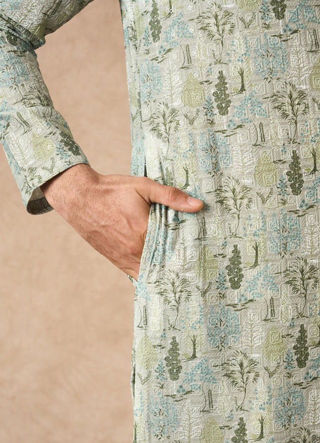 Manyavar Men Light Mid Green Blended Cotton Kurta Pajama with Print