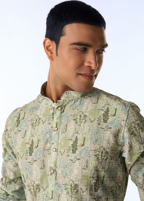Manyavar Men Light Mid Green Blended Cotton Kurta Pajama with Print
