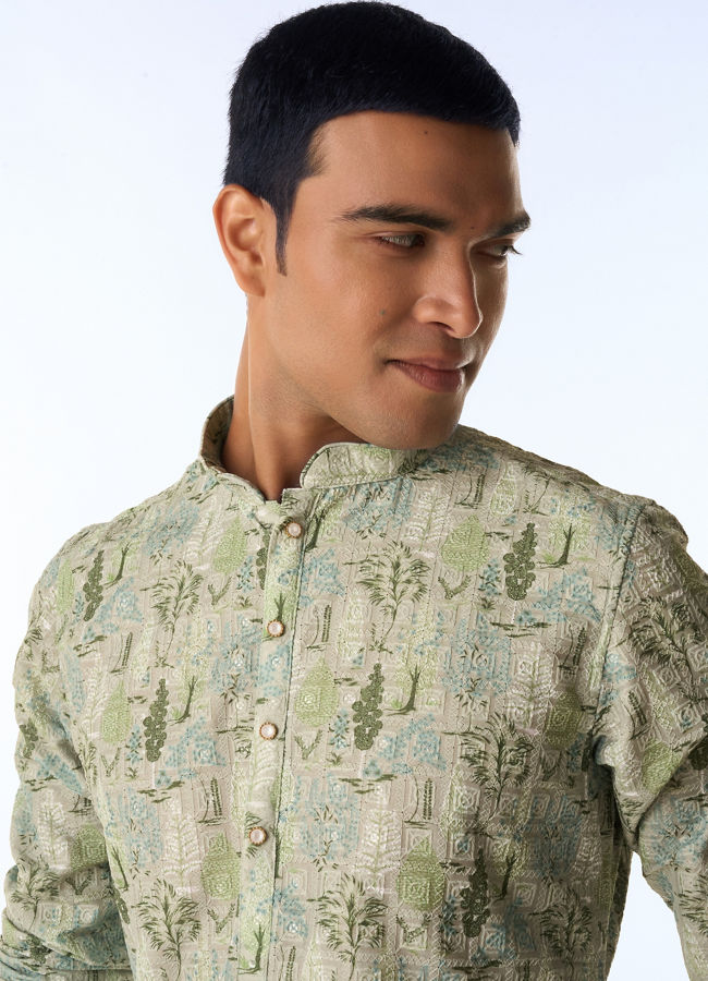 Manyavar Men Light Mid Green Blended Cotton Kurta Pajama with Print
