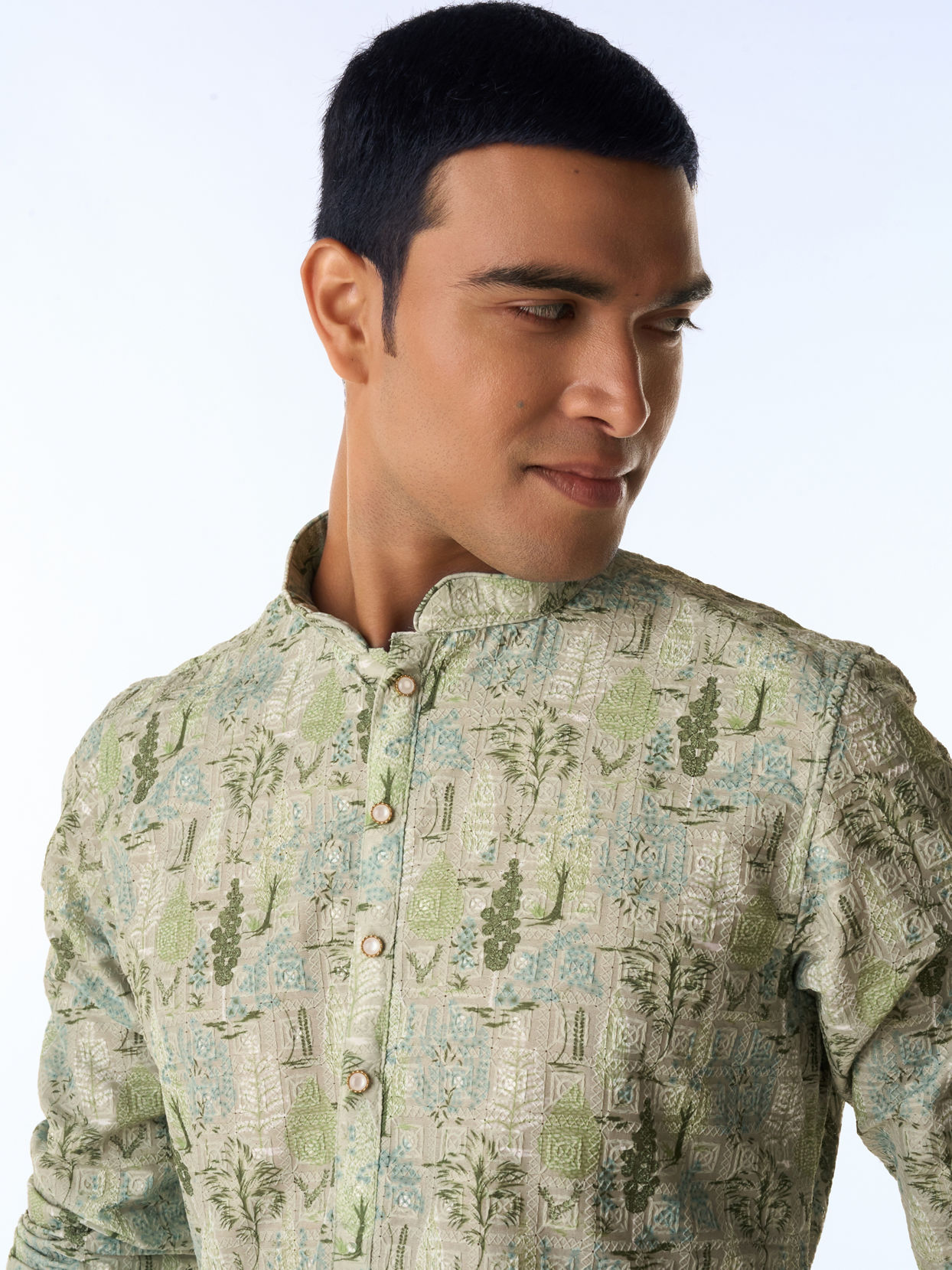 Manyavar Men Light Mid Green Blended Cotton Kurta Pajama with Print
