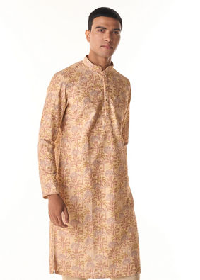 Manyavar Men Yellow Blended Cotton Kurta Pajama with Floral Print