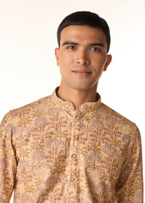 Manyavar Men Yellow Blended Cotton Kurta Pajama with Floral Print
