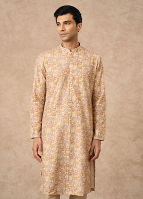 Manyavar Men Yellow Blended Cotton Kurta Pajama with Floral Print