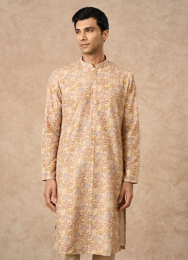Manyavar Men Yellow Blended Cotton Kurta Pajama with Floral Print