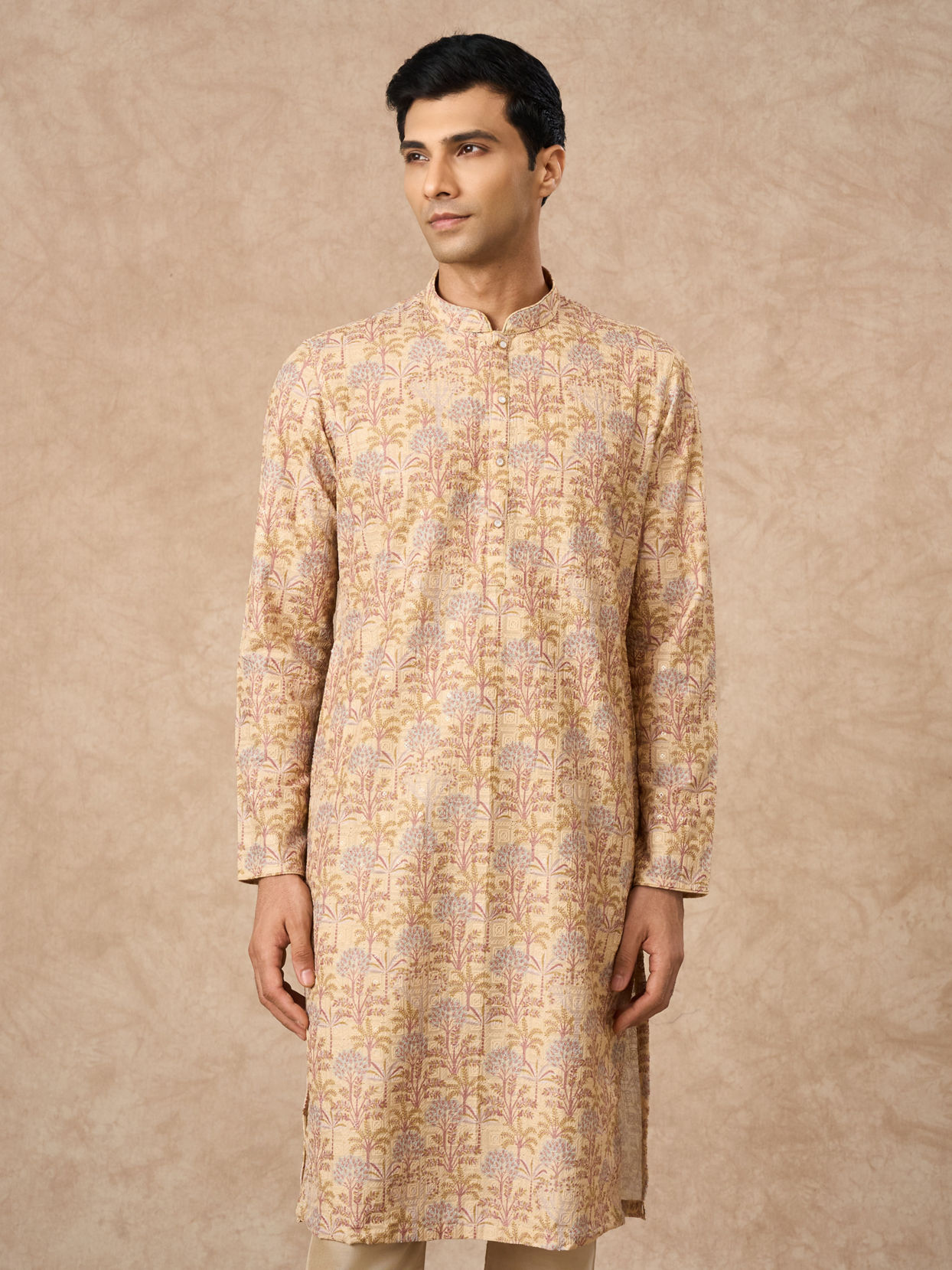 Manyavar Men Yellow Blended Cotton Kurta Pajama with Floral Print
