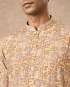 Manyavar Men Yellow Blended Cotton Kurta Pajama with Floral Print