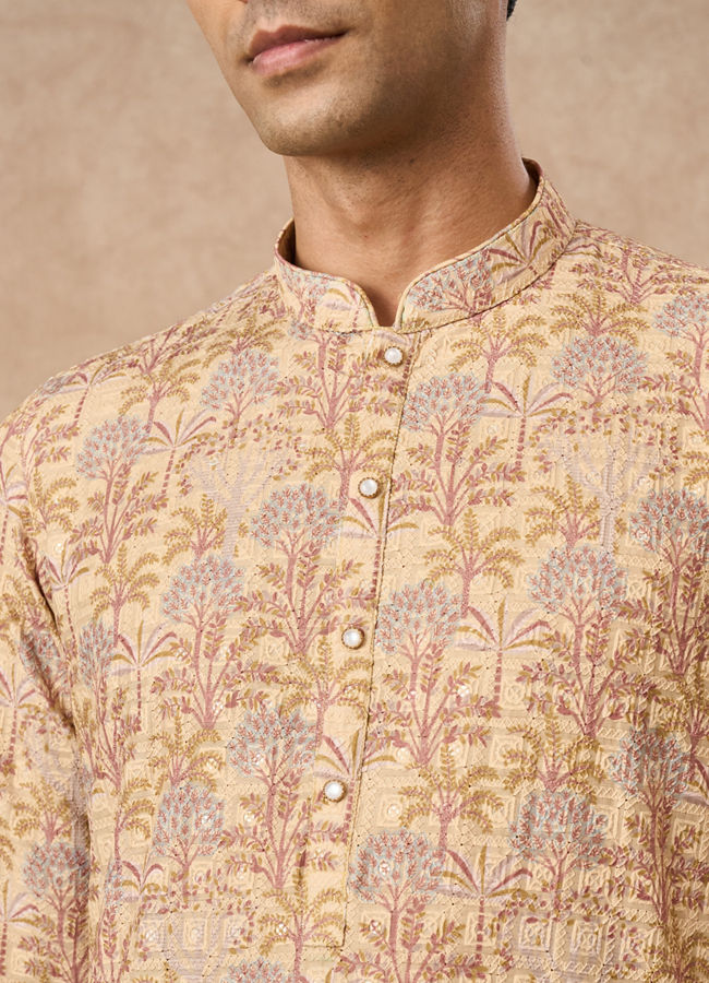 Manyavar Men Yellow Blended Cotton Kurta Pajama with Floral Print
