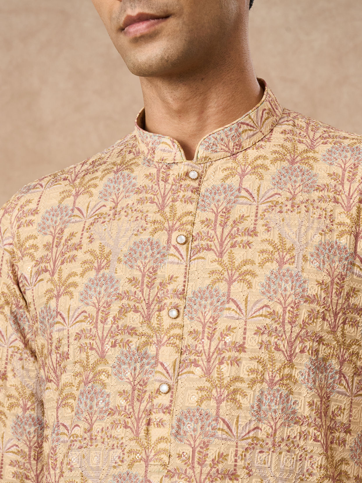Manyavar Men Yellow Blended Cotton Kurta Pajama with Floral Print
