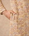Manyavar Men Yellow Blended Cotton Kurta Pajama with Floral Print