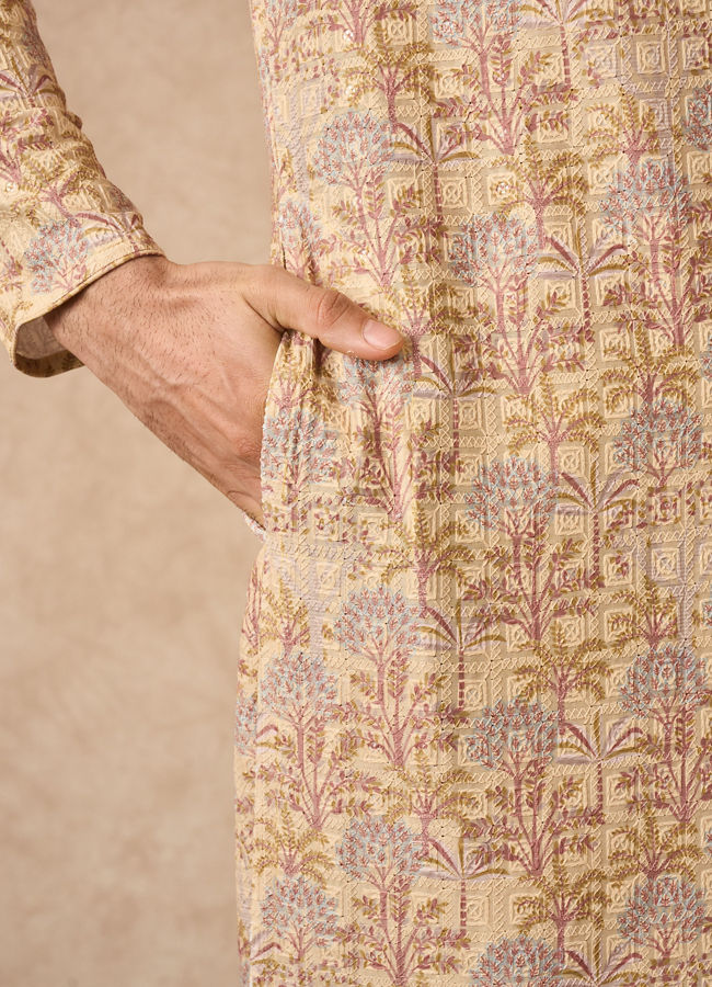 Manyavar Men Yellow Blended Cotton Kurta Pajama with Floral Print