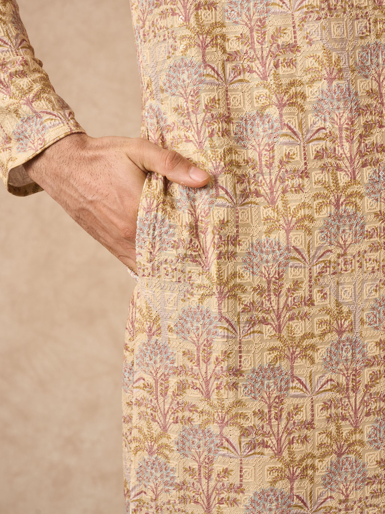 Manyavar Men Yellow Blended Cotton Kurta Pajama with Floral Print