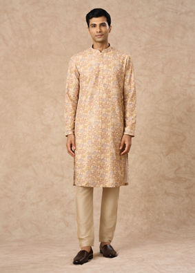 Manyavar Men Yellow Blended Cotton Kurta Pajama with Floral Print