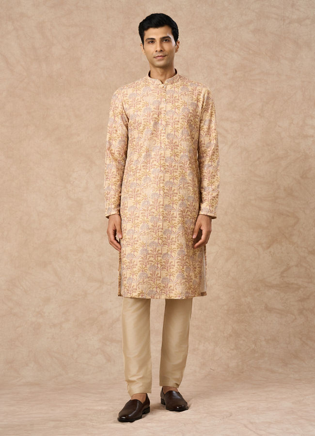 Manyavar Men Yellow Blended Cotton Kurta Pajama with Floral Print