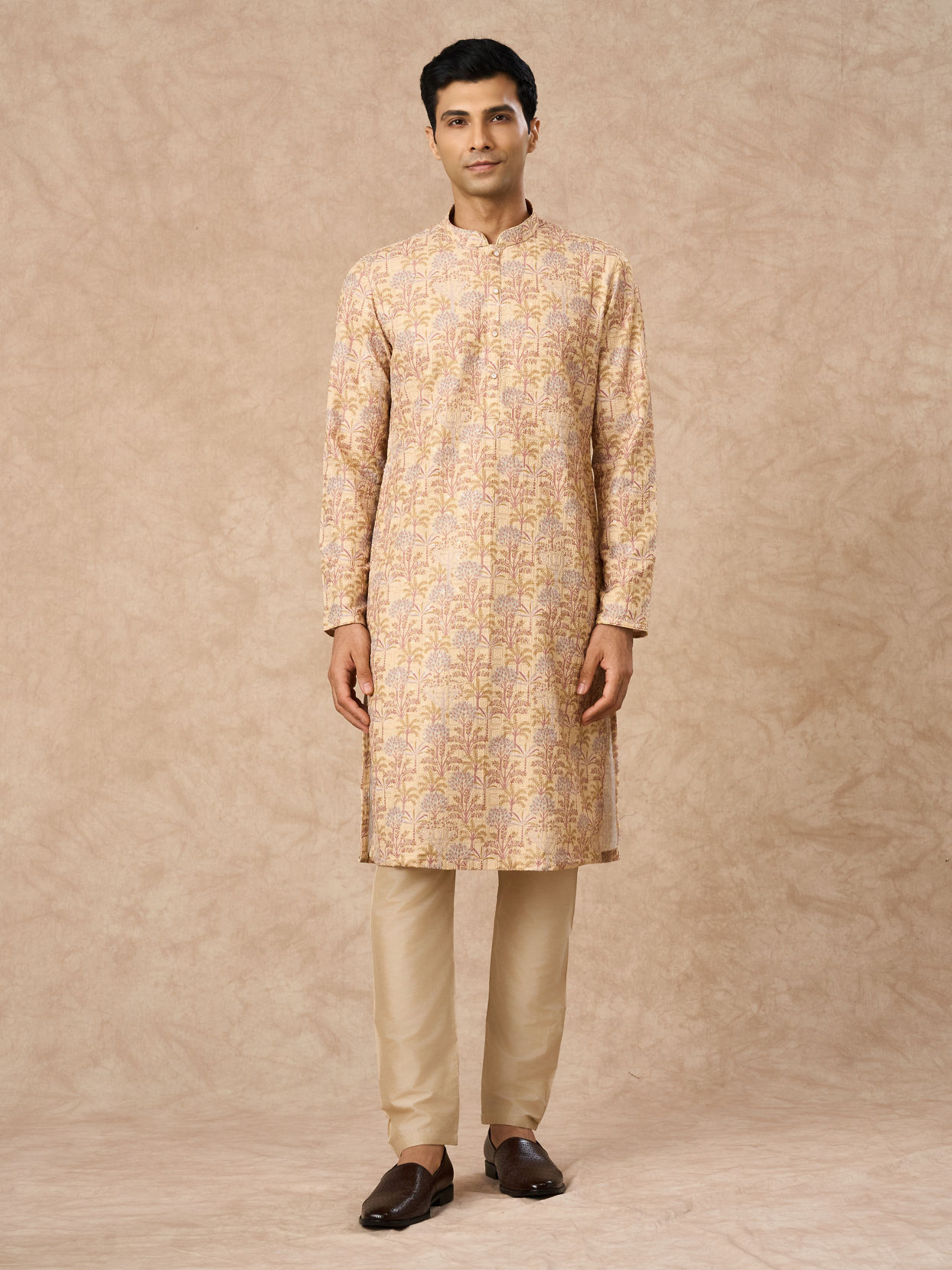 Manyavar Men Yellow Blended Cotton Kurta Pajama with Floral Print