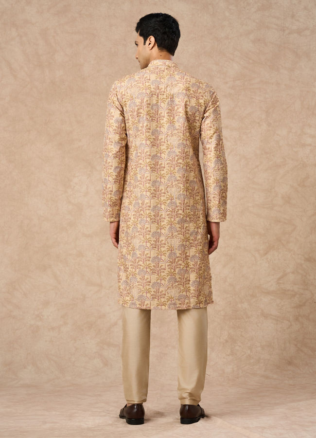 Manyavar Men Yellow Blended Cotton Kurta Pajama with Floral Print