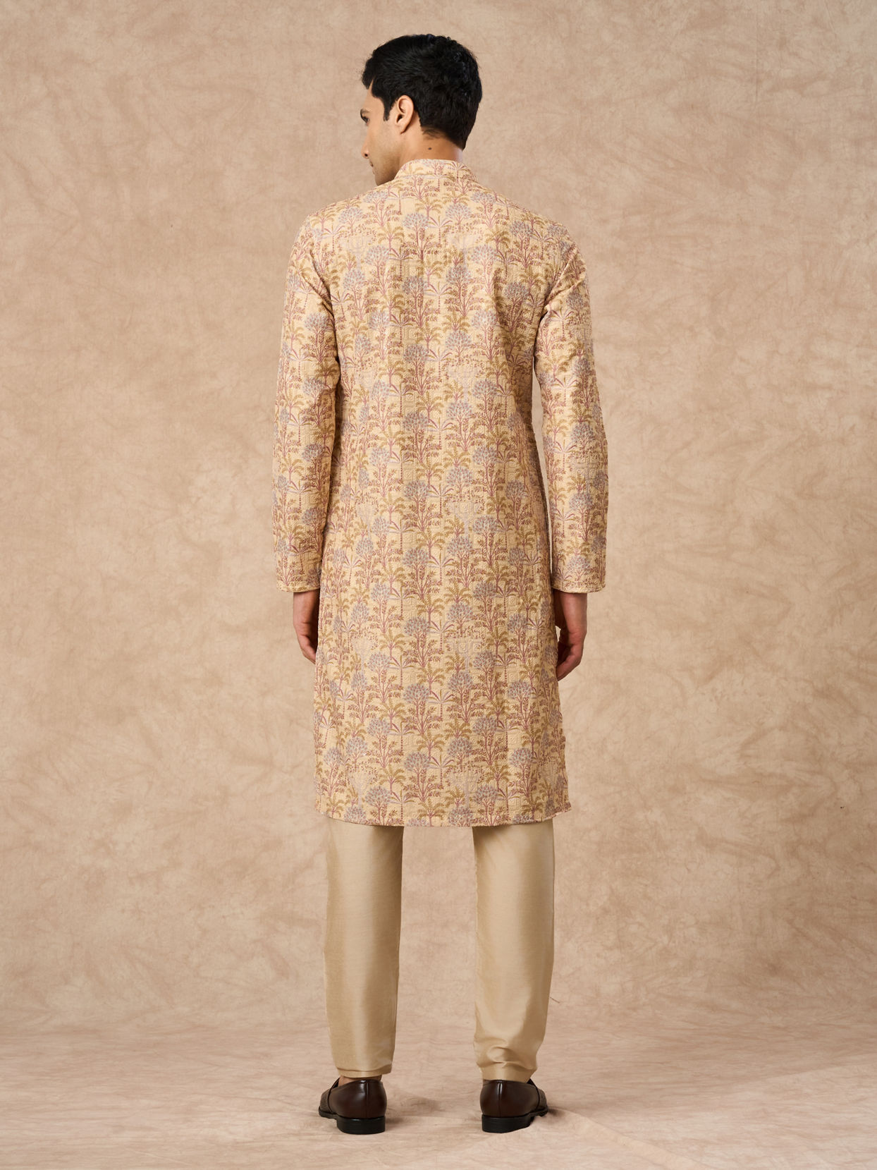Manyavar Men Yellow Blended Cotton Kurta Pajama with Floral Print